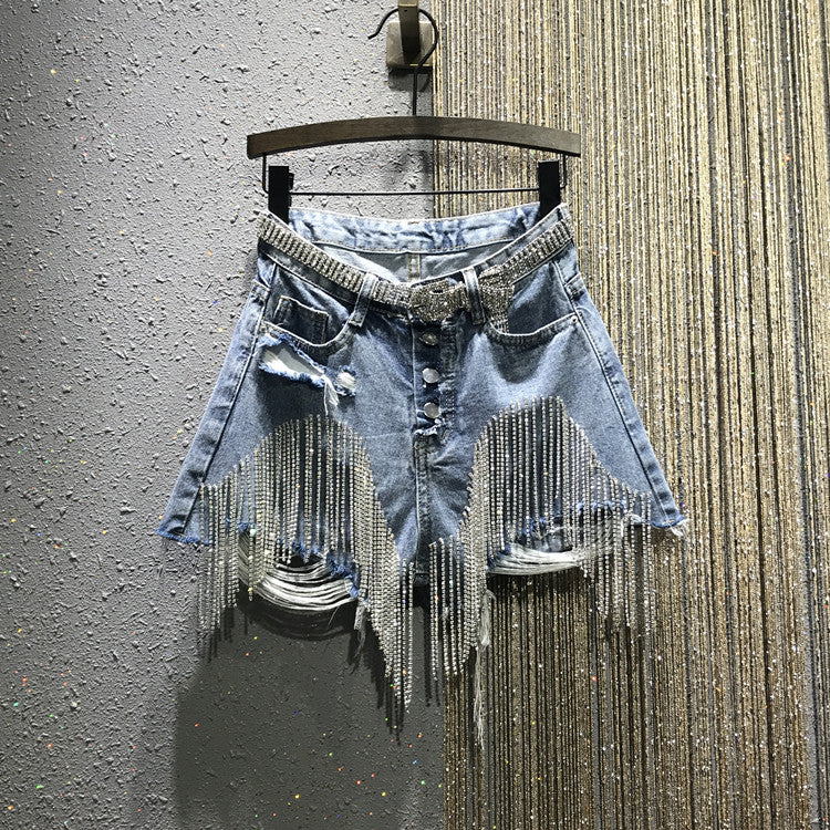 Shiny Rhinestones Tassel Chains Ripped Denim Short (Without Belt)