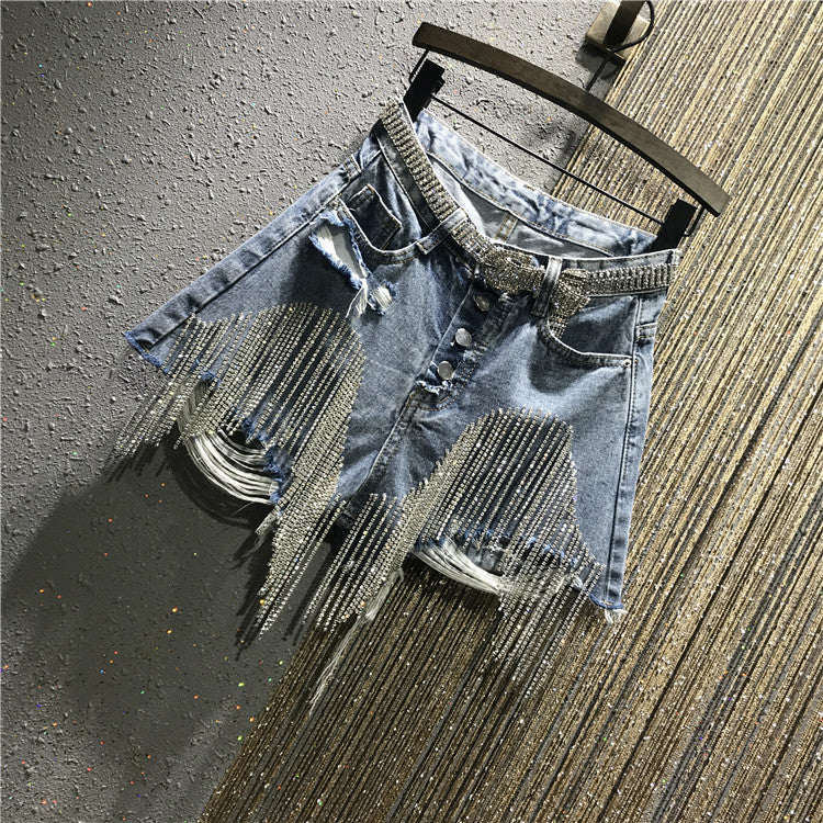 Shiny Rhinestones Tassel Chains Ripped Denim Short (Without Belt)