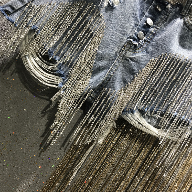 Shiny Rhinestones Tassel Chains Ripped Denim Short (Without Belt)