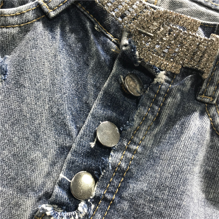 Shiny Rhinestones Tassel Chains Ripped Denim Short (Without Belt)