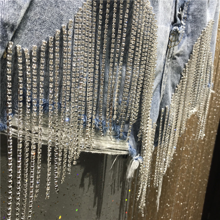 Shiny Rhinestones Tassel Chains Ripped Denim Short (Without Belt)