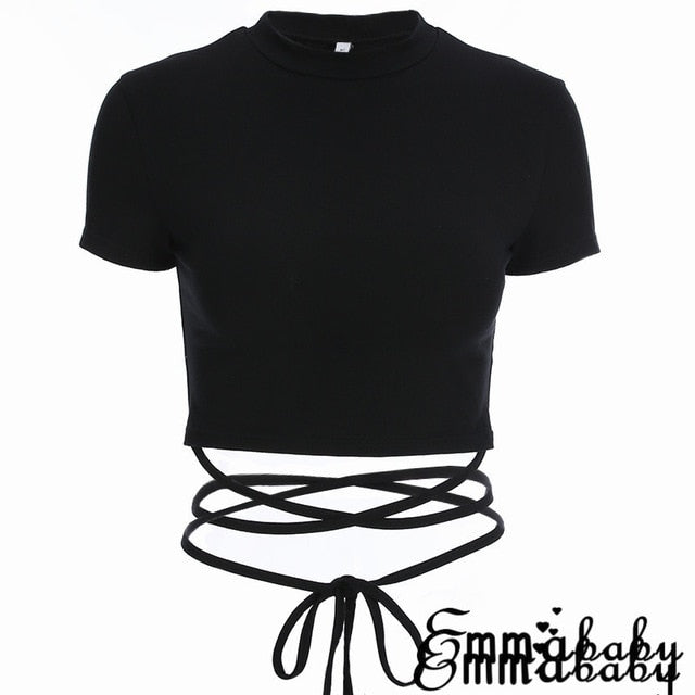 Thin Waist Crossed Straps Black Crop Top