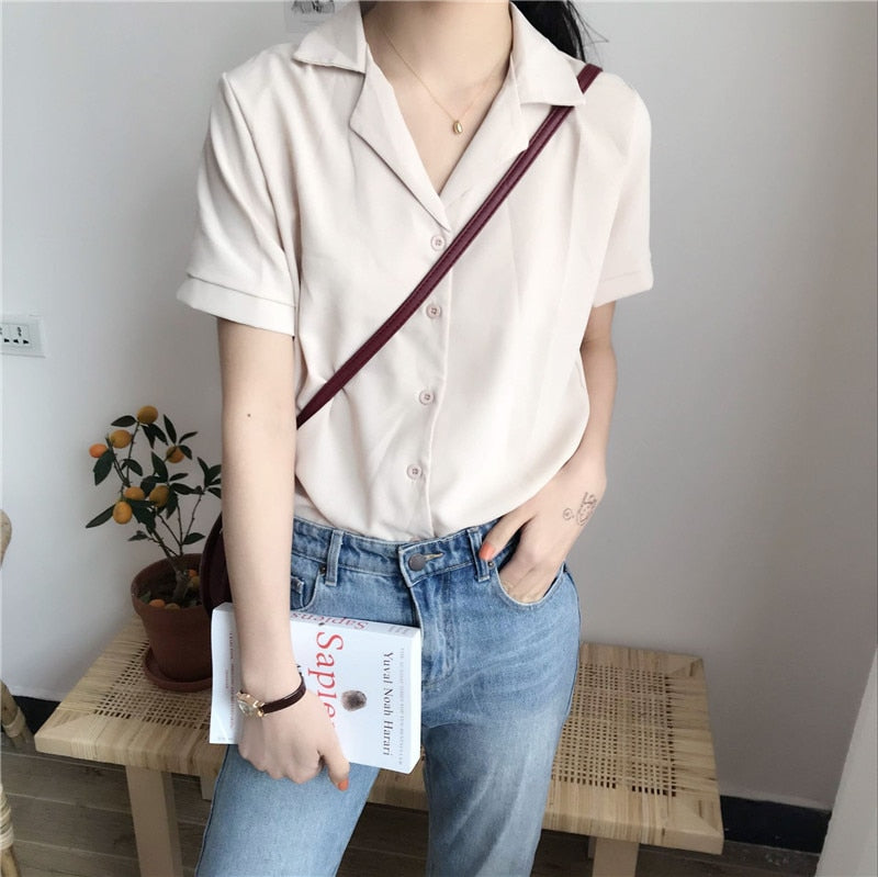 Straight Collar Button Down Style Women's Vintage Top