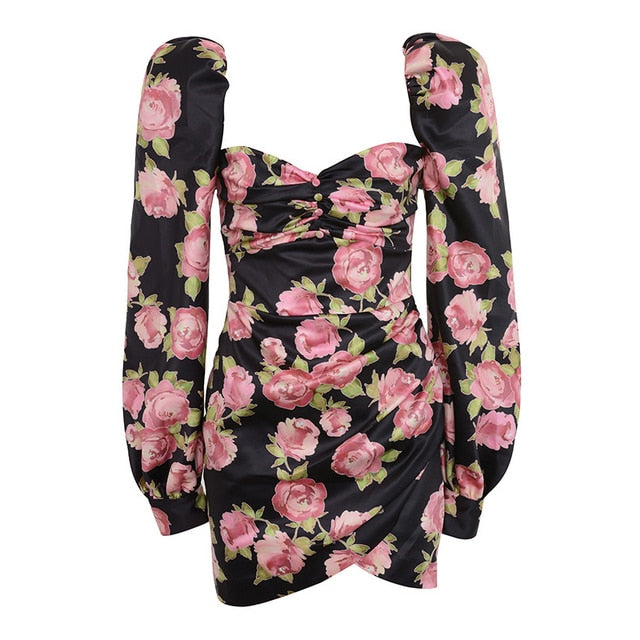 Rose Floral Print Long Puff Sleeve Ruched Sexy Mini Dress