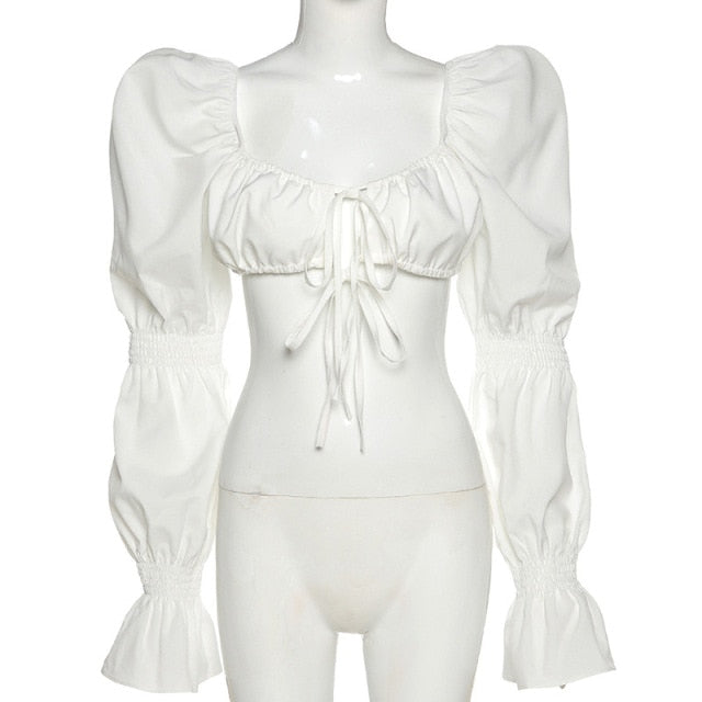 women's elegant ruched hollow out puff long sleeve ruffle lace crop top