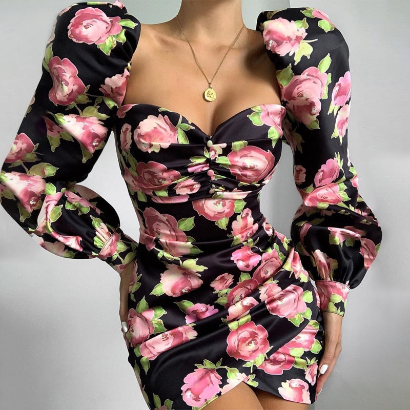 Rose Floral Print Long Puff Sleeve Ruched Sexy Mini Dress
