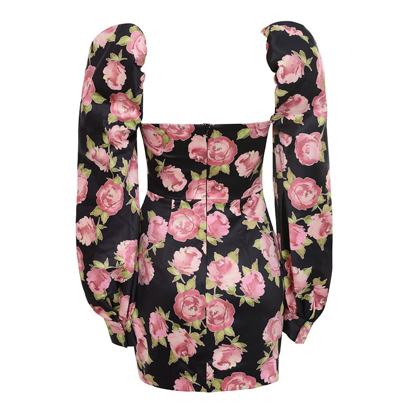 Rose Floral Print Long Puff Sleeve Ruched Sexy Mini Dress