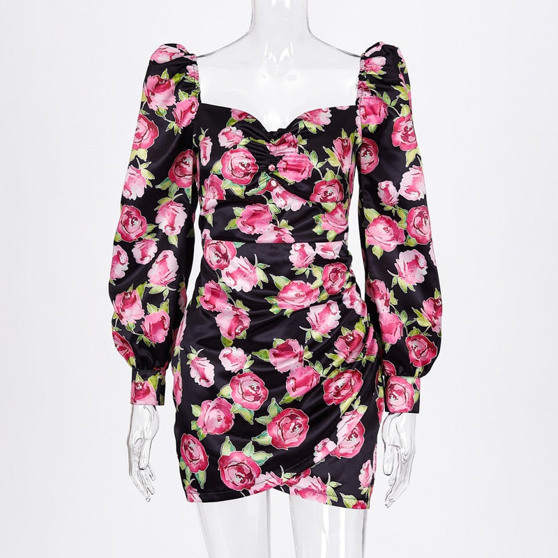 Rose Floral Print Long Puff Sleeve Ruched Sexy Mini Dress