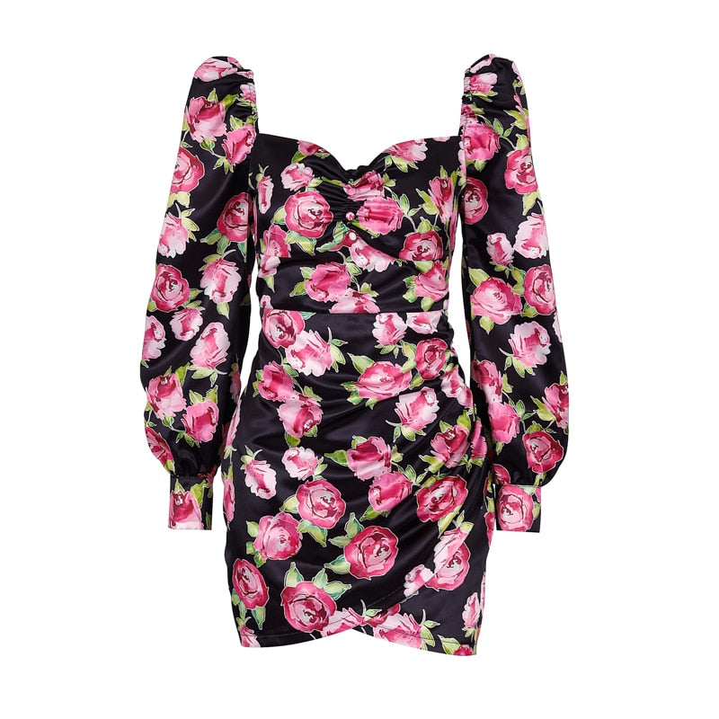 Rose Floral Print Long Puff Sleeve Ruched Sexy Mini Dress