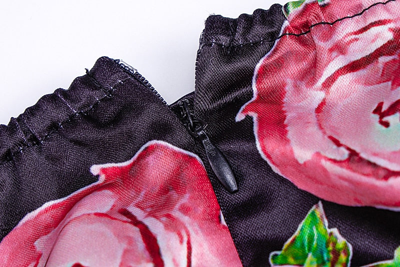 Rose Floral Print Long Puff Sleeve Ruched Sexy Mini Dress