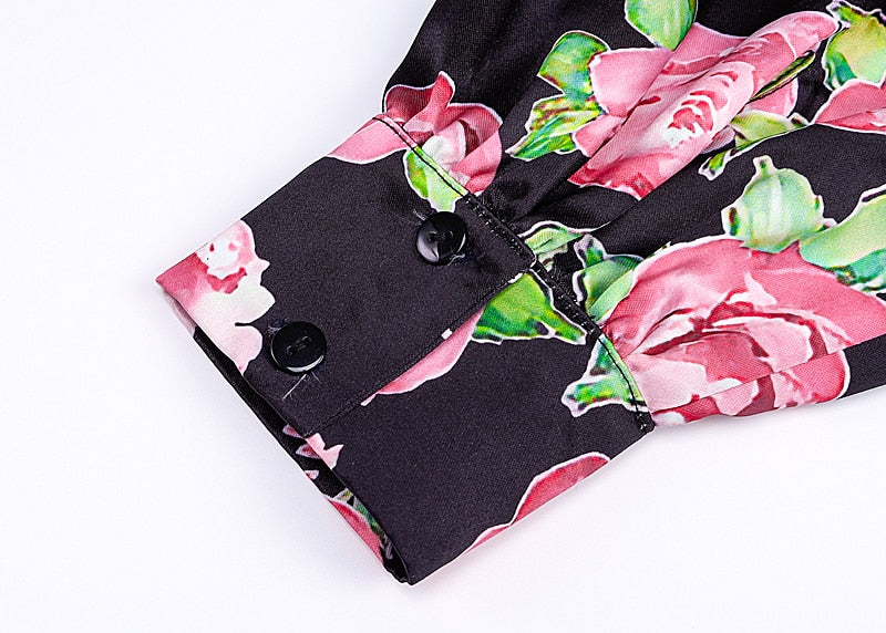 Rose Floral Print Long Puff Sleeve Ruched Sexy Mini Dress