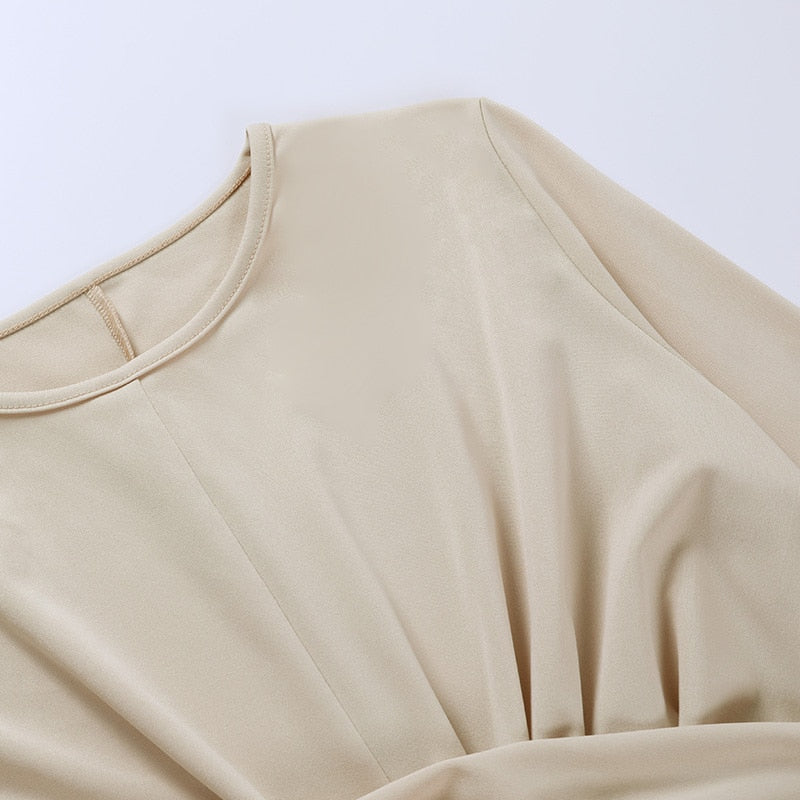 Elegant Round Neck Long Sleeve Draped Knee-Length Women's Dress