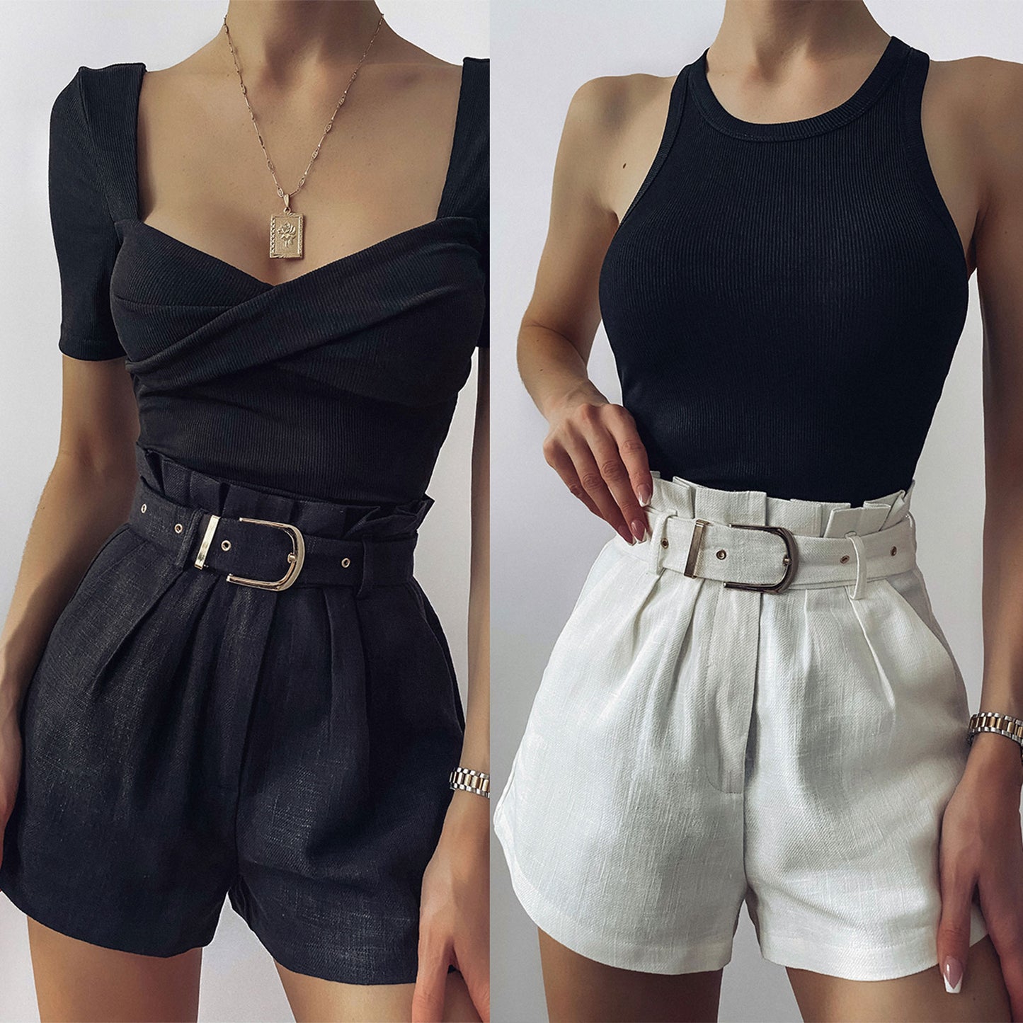 Pleated High Waist Buckled Belt Elastic Style Women's Shorts