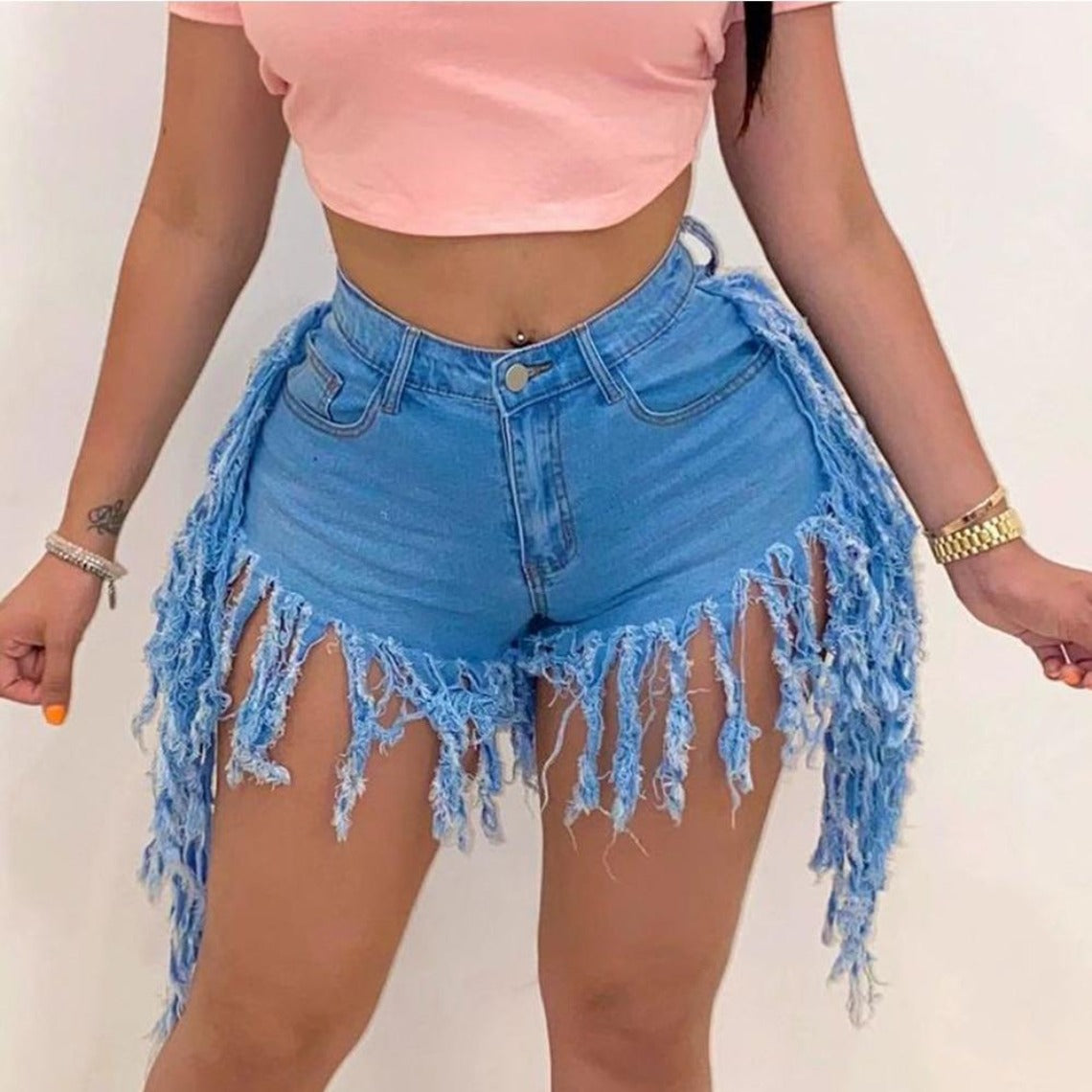 Fashionable Ripped Tassels High Waisted Denim Shorts