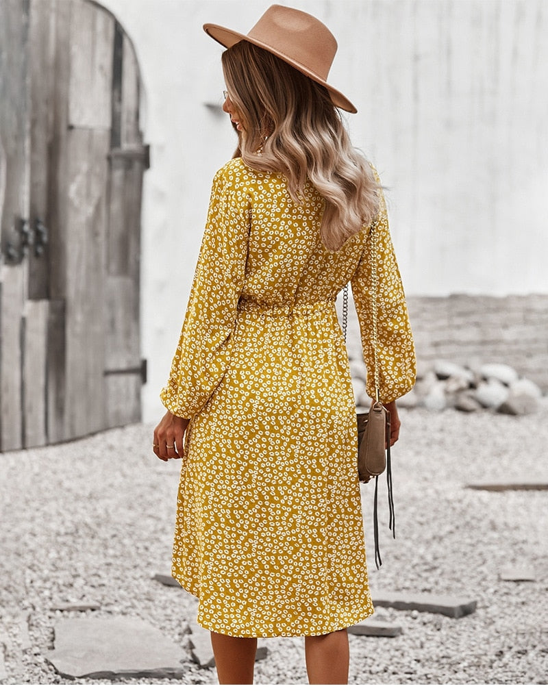 Ladies Floral Print Long Sleeve Casual Bandage Midi Dress