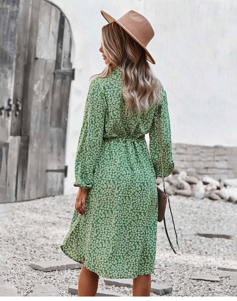 Ladies Floral Print Long Sleeve Casual Bandage Midi Dress