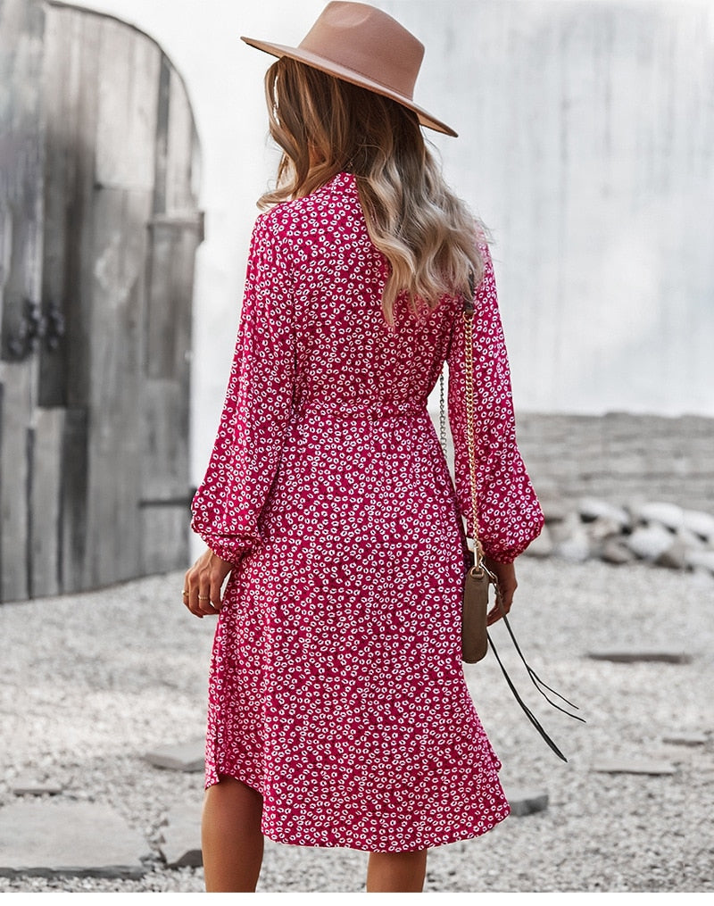 Ladies Floral Print Long Sleeve Casual Bandage Midi Dress