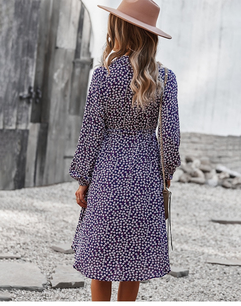 Ladies Floral Print Long Sleeve Casual Bandage Midi Dress