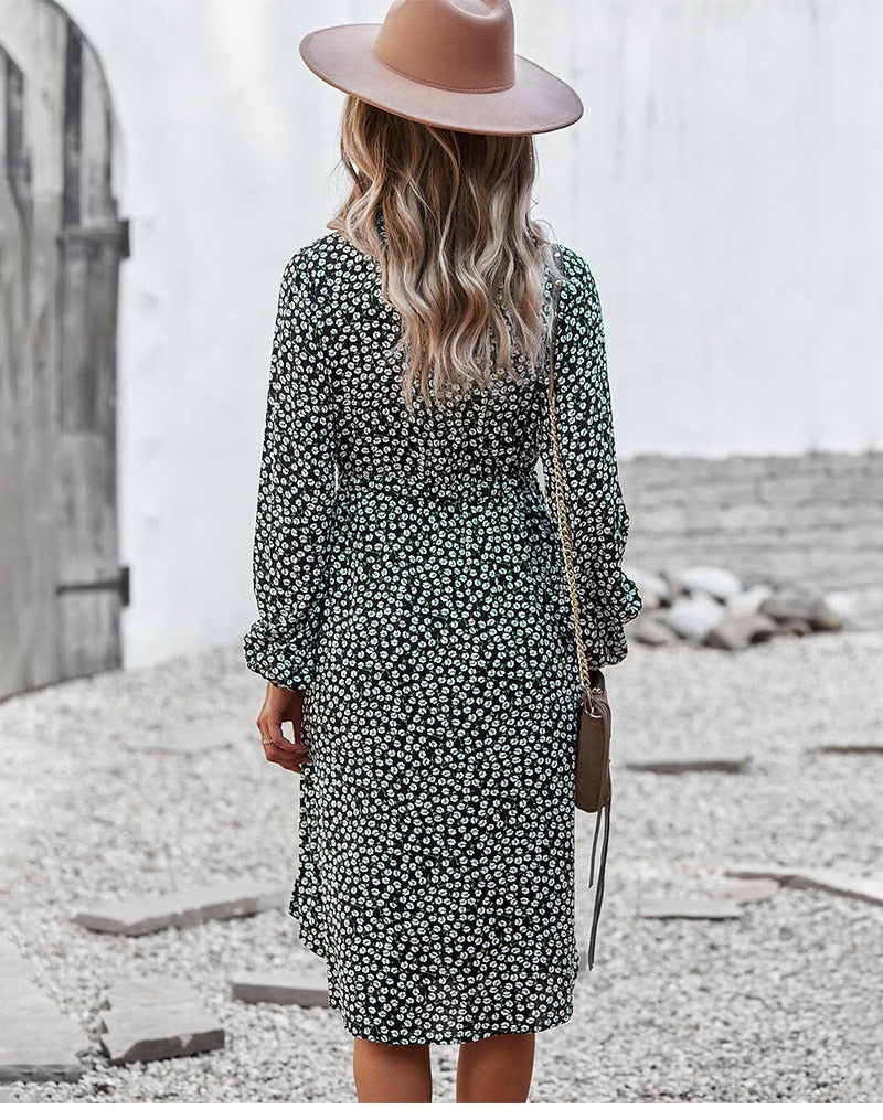 Ladies Floral Print Long Sleeve Casual Bandage Midi Dress