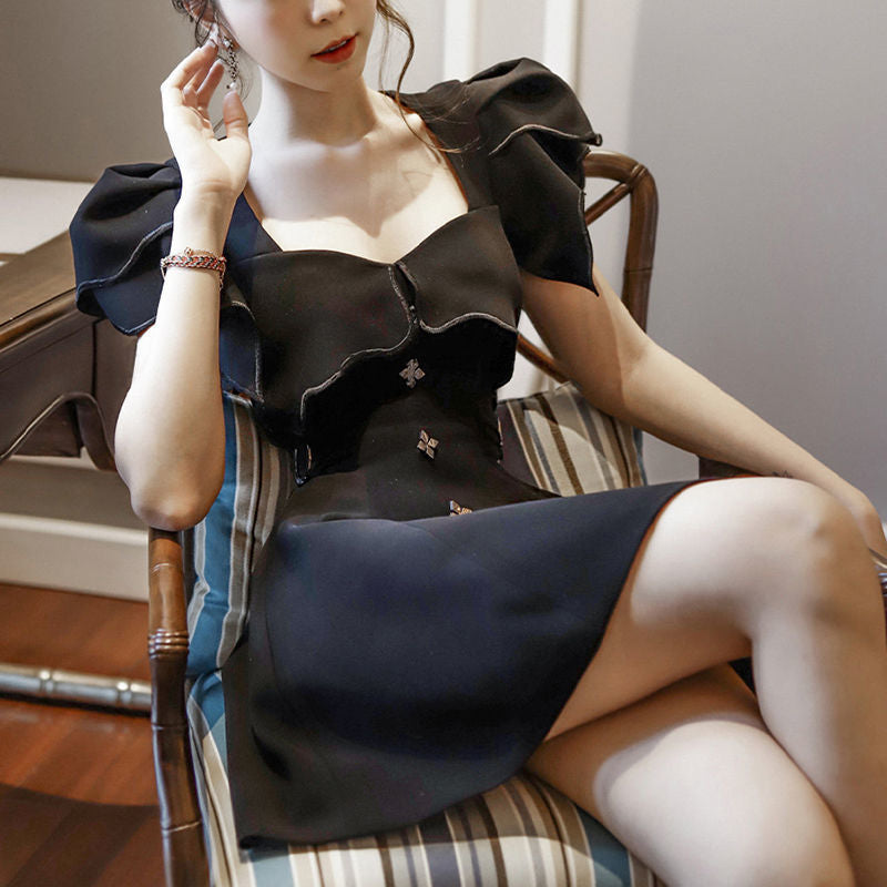 Women's Elegant KPOP Fashion Black Vintage Mini Dresses