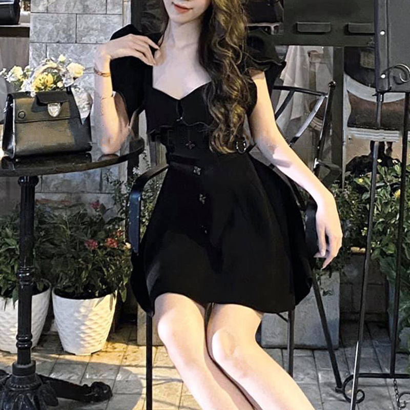 Women's Elegant KPOP Fashion Black Vintage Mini Dresses