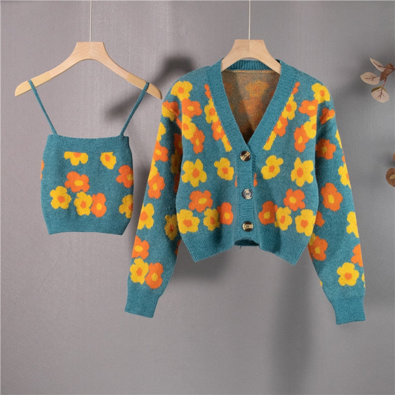 Vintage Floral Cardigan Two-Piece Set Top