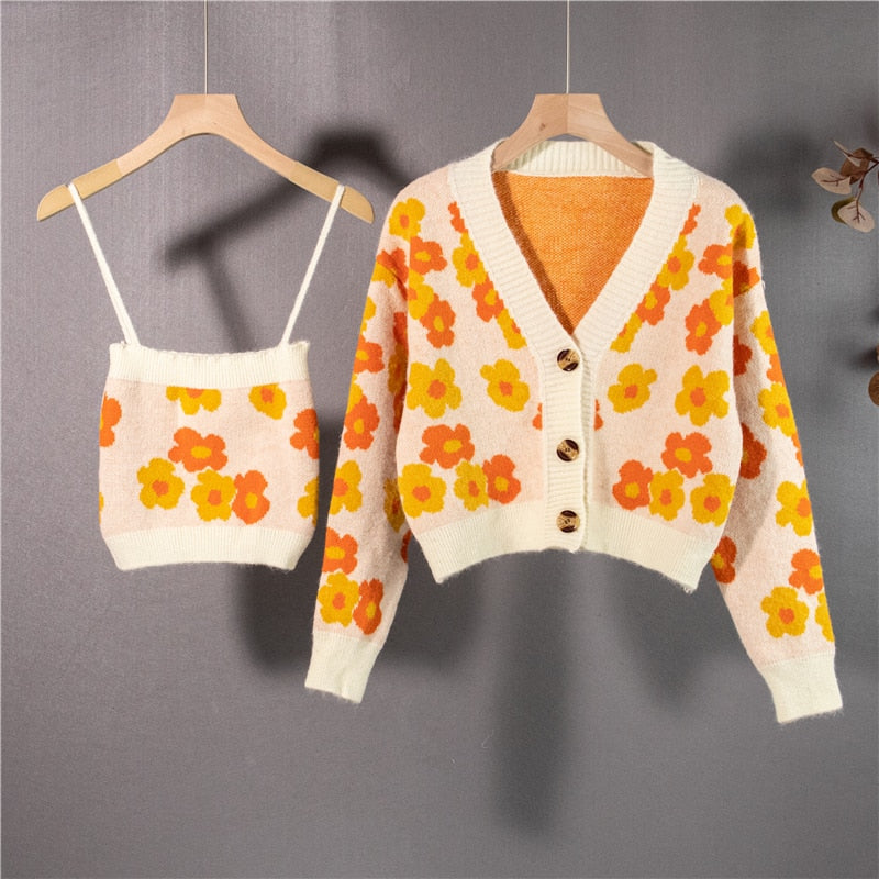 Vintage Floral Cardigan Two-Piece Set Top