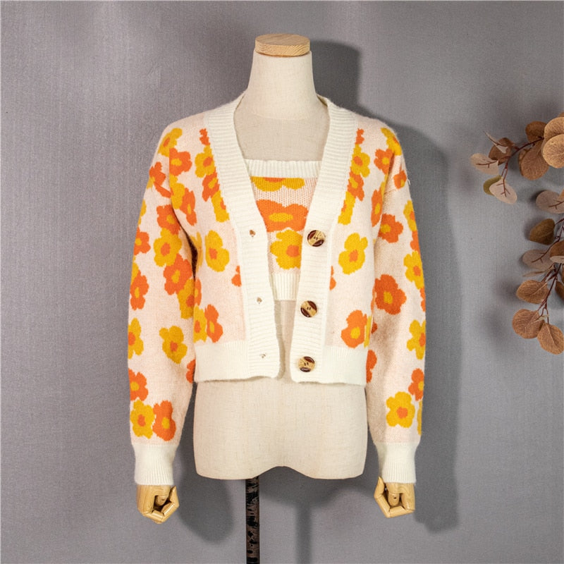 Vintage Floral Cardigan Two-Piece Set Top