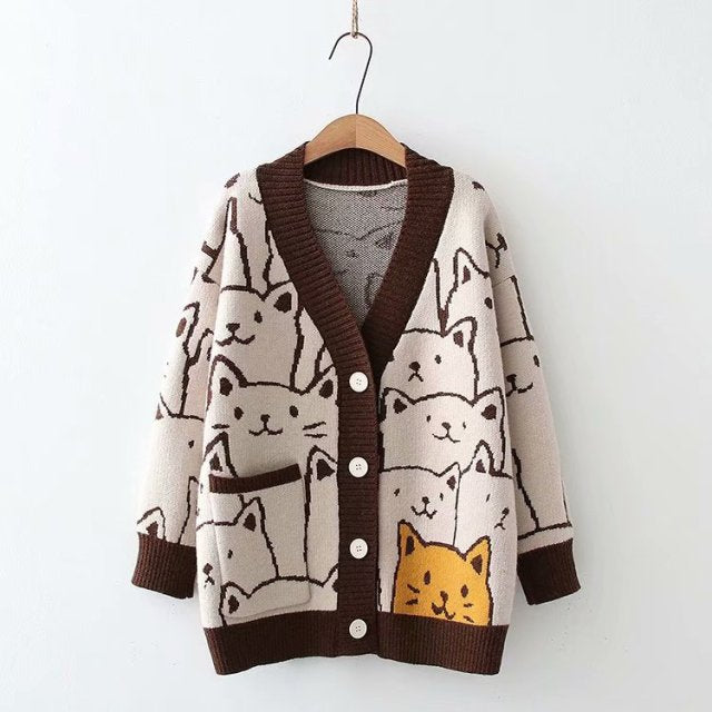 Kawaii Cartoon V Neck Harajuku Cardigan - Women's Cute Cat Knitted Retro Sweater