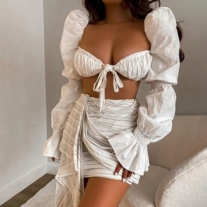 women's elegant ruched hollow out puff long sleeve ruffle lace crop top