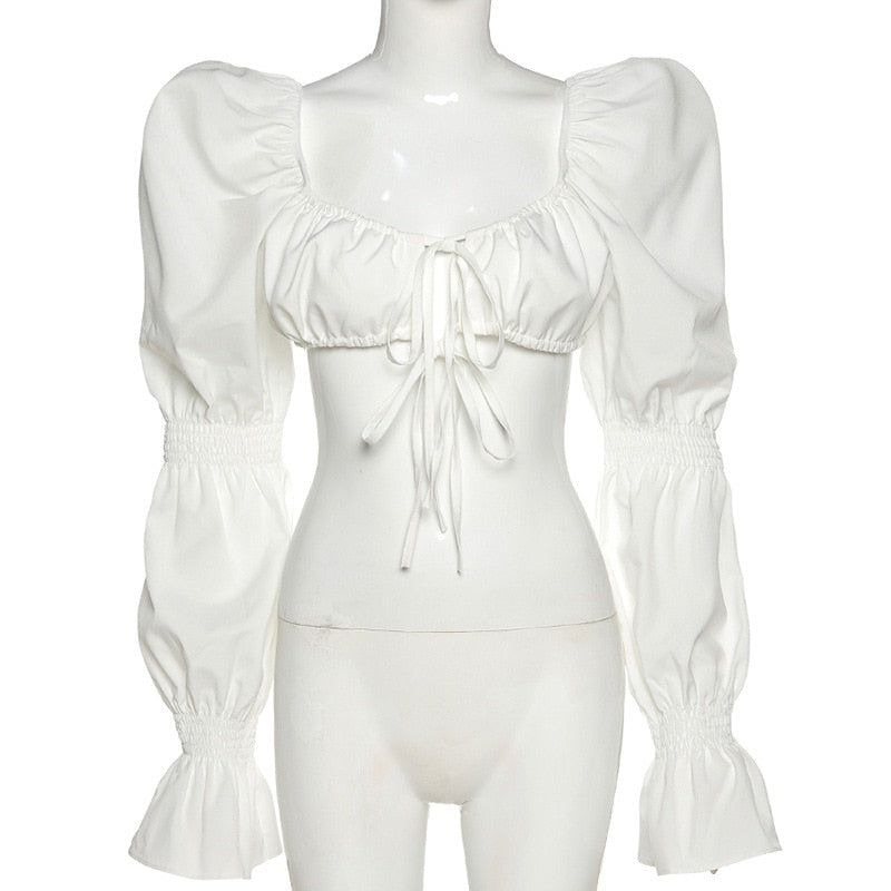 women's elegant ruched hollow out puff long sleeve ruffle lace crop top