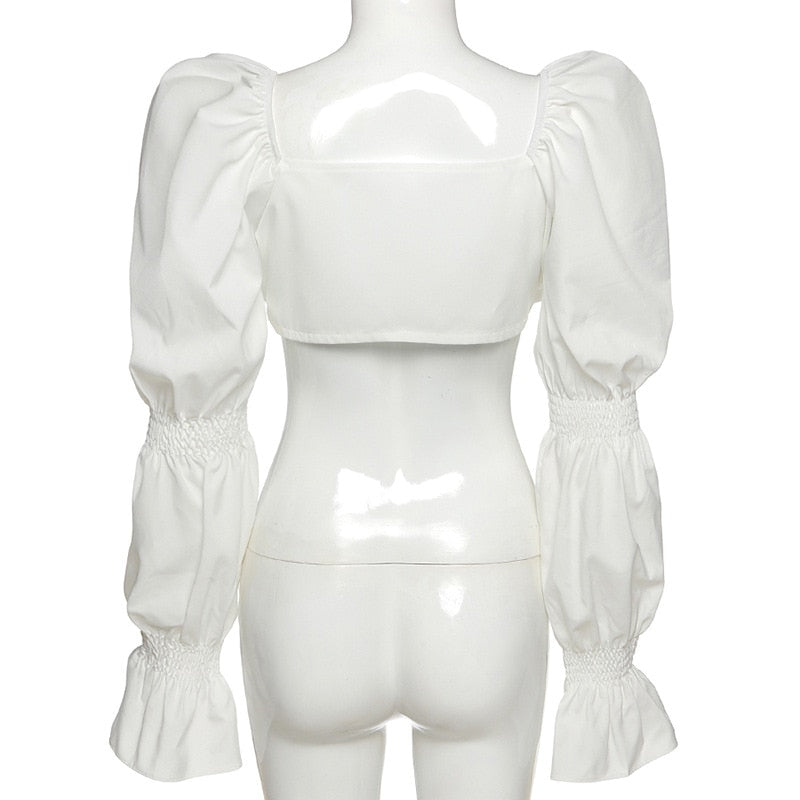 women's elegant ruched hollow out puff long sleeve ruffle lace crop top