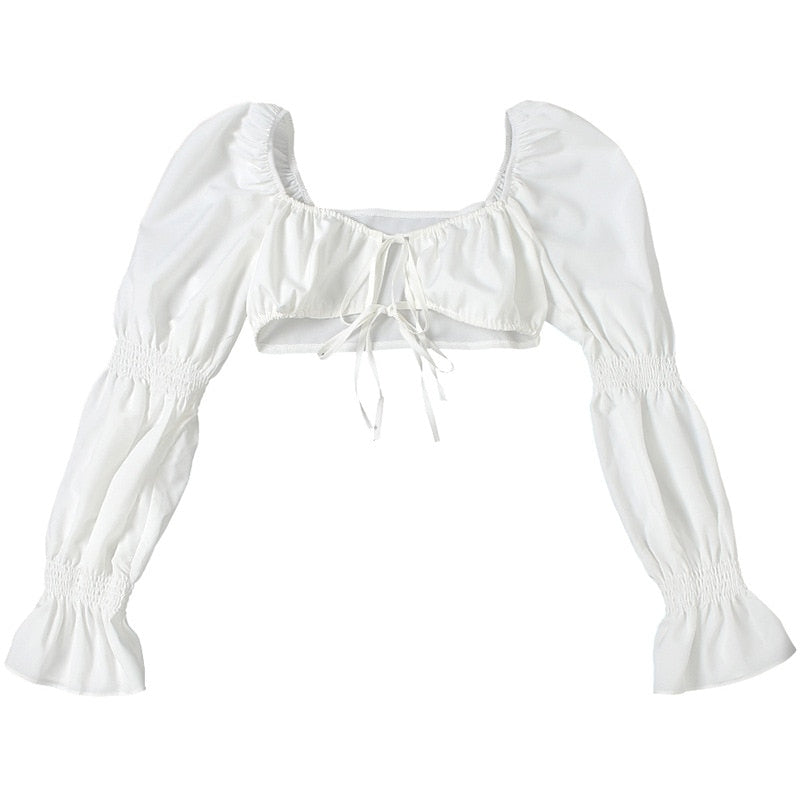 women's elegant ruched hollow out puff long sleeve ruffle lace crop top