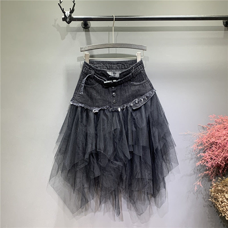 Women's Frill Tulle Laced Skirt - High Waist Denim Mesh Patchwork Gothic Chic Skirts