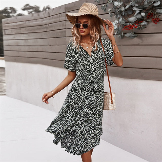 Ladies Floral Print Long Sleeve Casual Bandage Midi Dress