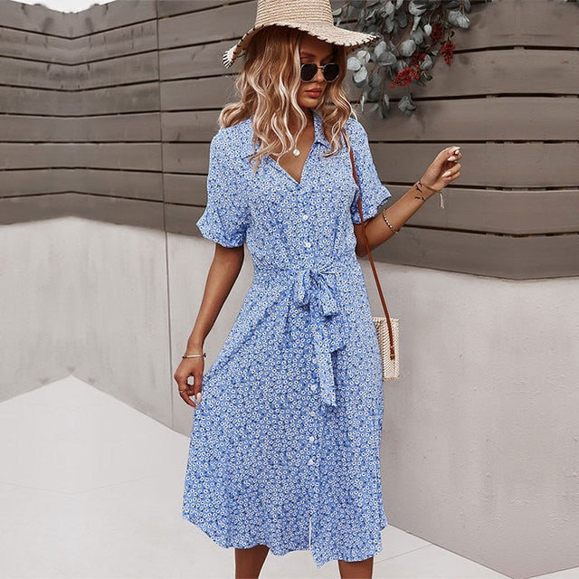 Ladies Floral Print Long Sleeve Casual Bandage Midi Dress