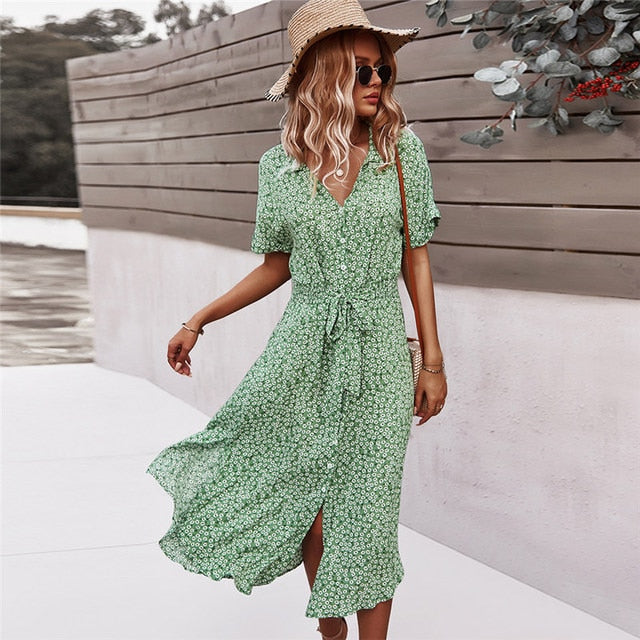 Ladies Floral Print Long Sleeve Casual Bandage Midi Dress