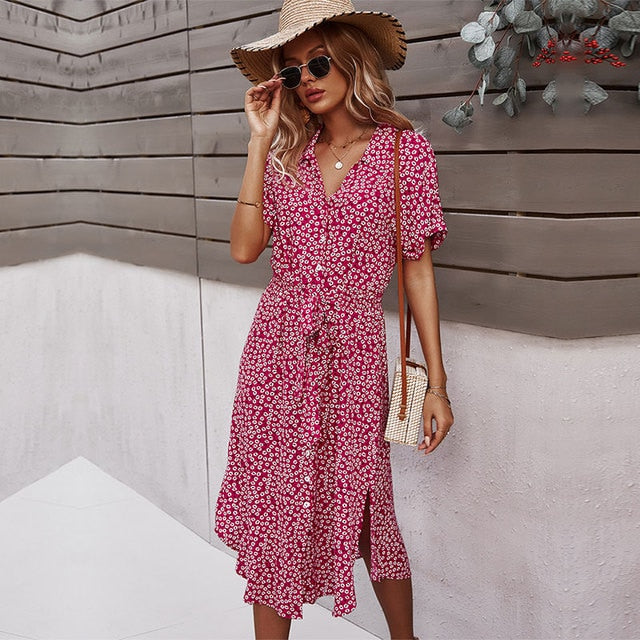 Ladies Floral Print Long Sleeve Casual Bandage Midi Dress