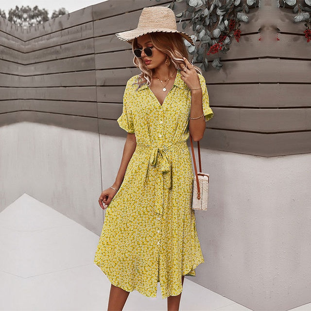 Ladies Floral Print Long Sleeve Casual Bandage Midi Dress
