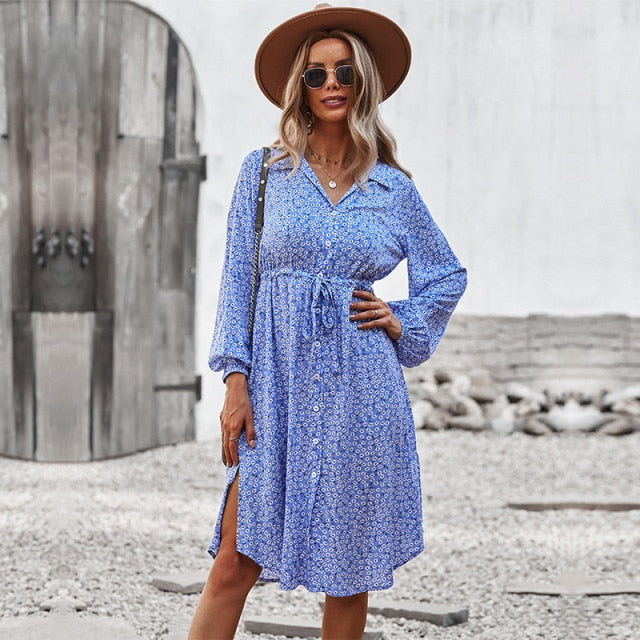 Ladies Floral Print Long Sleeve Casual Bandage Midi Dress