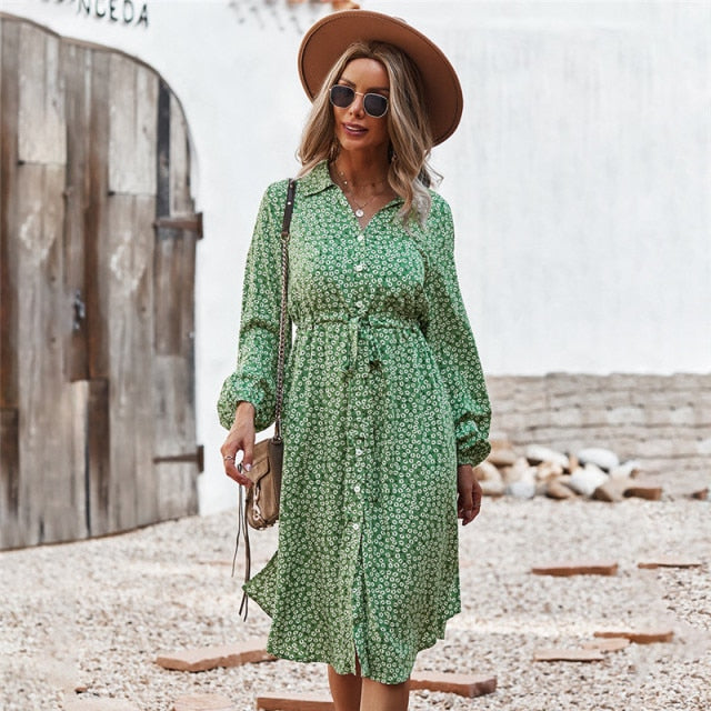 Ladies Floral Print Long Sleeve Casual Bandage Midi Dress