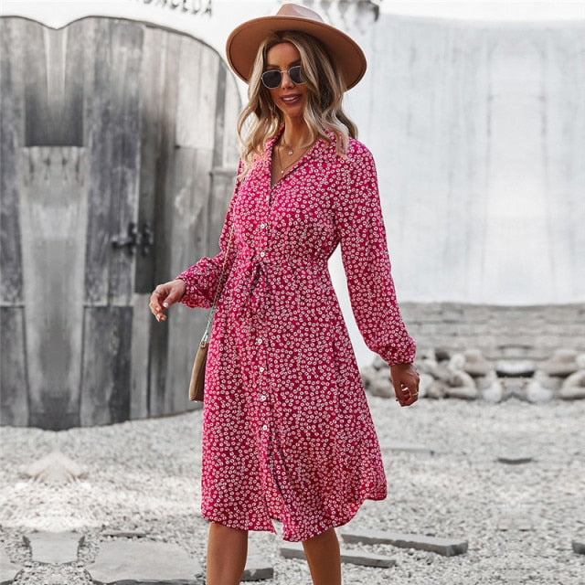 Ladies Floral Print Long Sleeve Casual Bandage Midi Dress