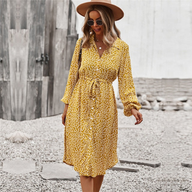 Ladies Floral Print Long Sleeve Casual Bandage Midi Dress