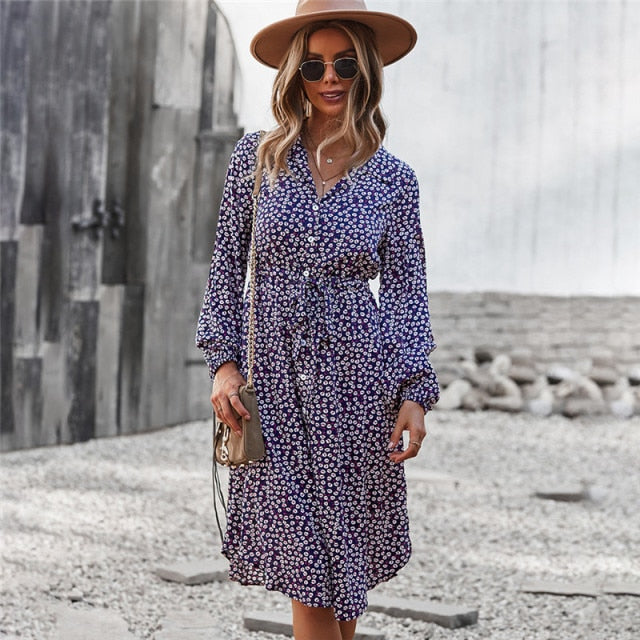 Ladies Floral Print Long Sleeve Casual Bandage Midi Dress