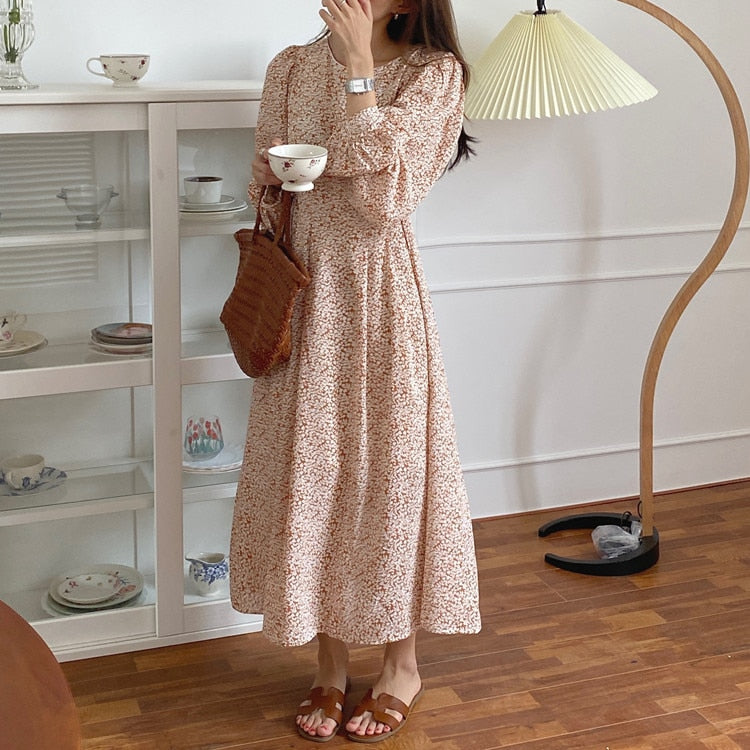KPOP Style Floral Lantern Sleeve Chiffon Dress