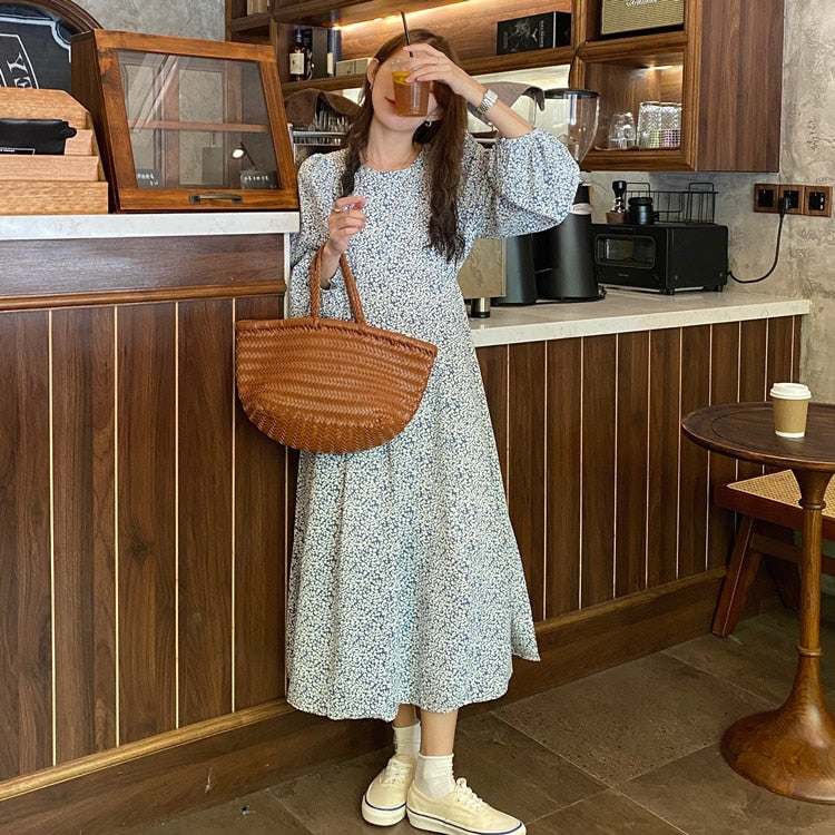 KPOP Style Floral Lantern Sleeve Chiffon Dress