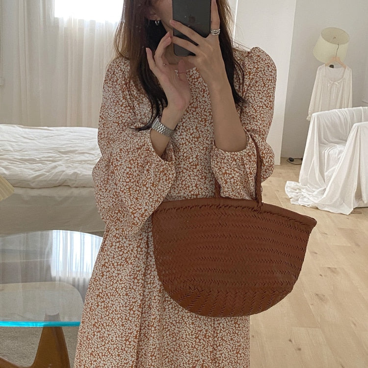KPOP Style Floral Lantern Sleeve Chiffon Dress
