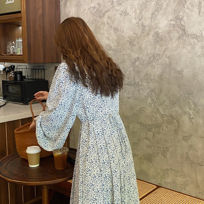 KPOP Style Floral Lantern Sleeve Chiffon Dress