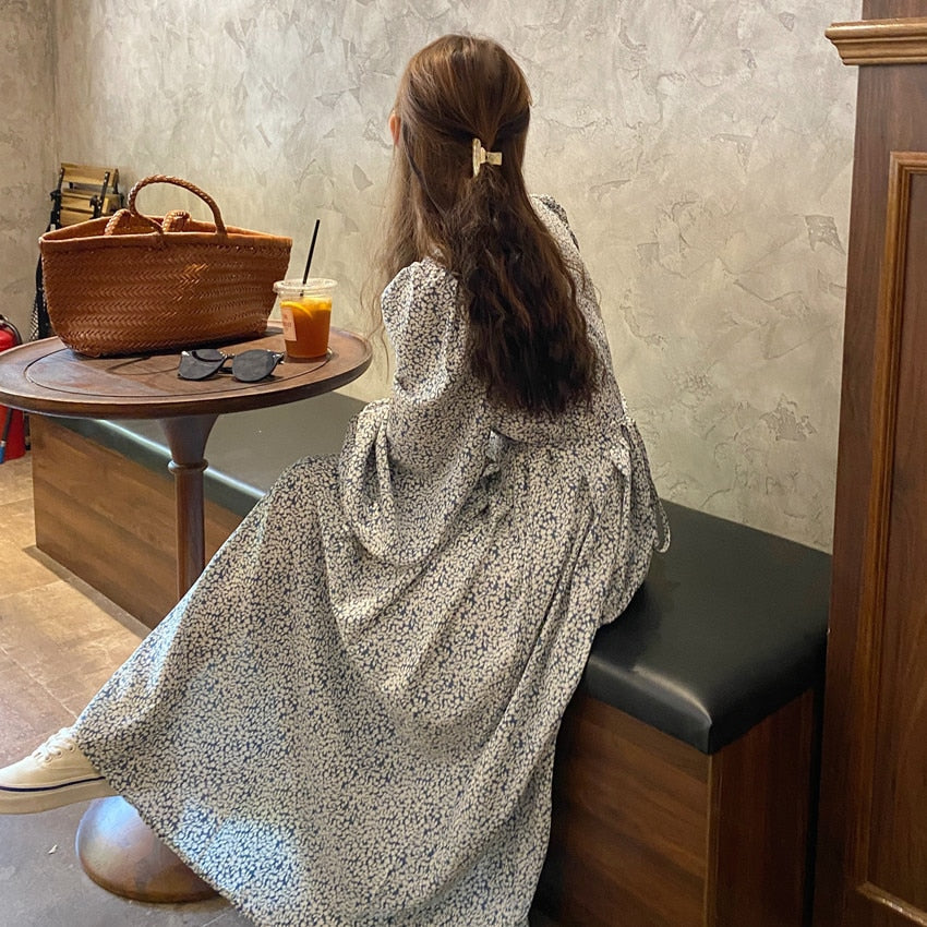 KPOP Style Floral Lantern Sleeve Chiffon Dress