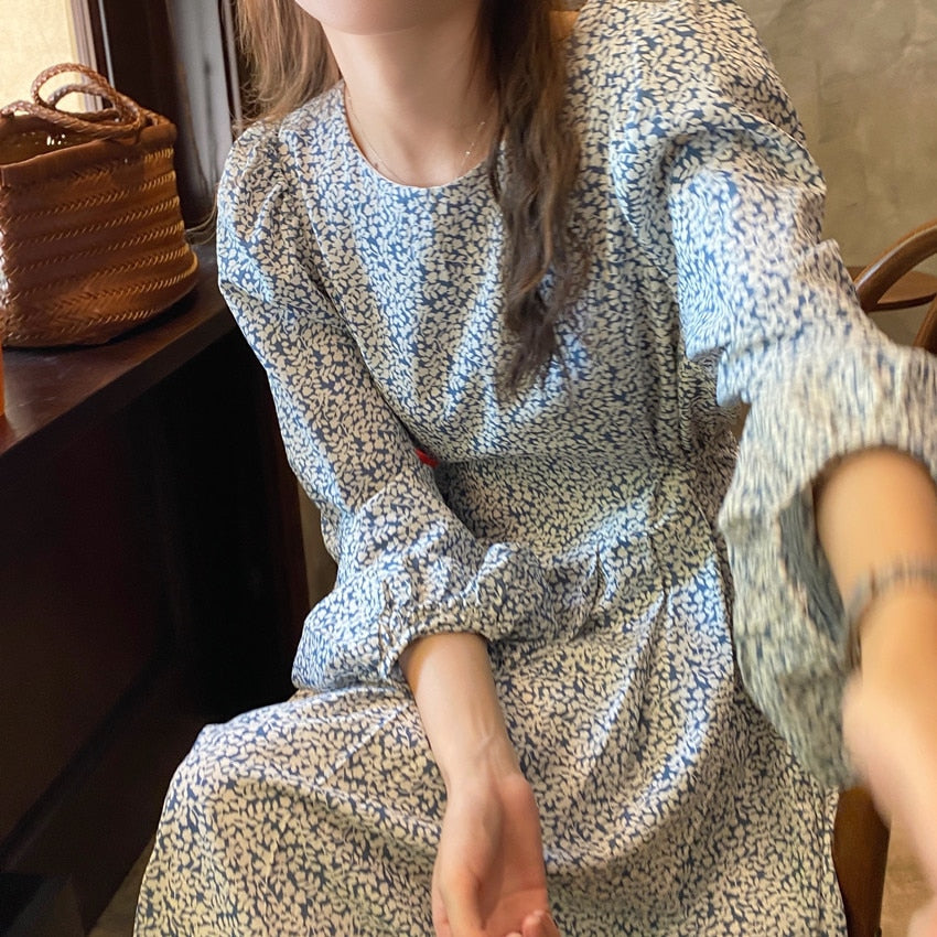 KPOP Style Floral Lantern Sleeve Chiffon Dress
